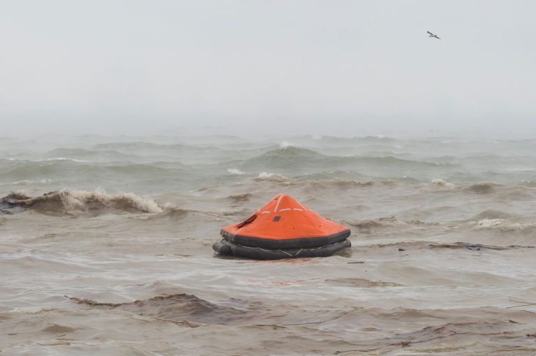 Life raft in ocean